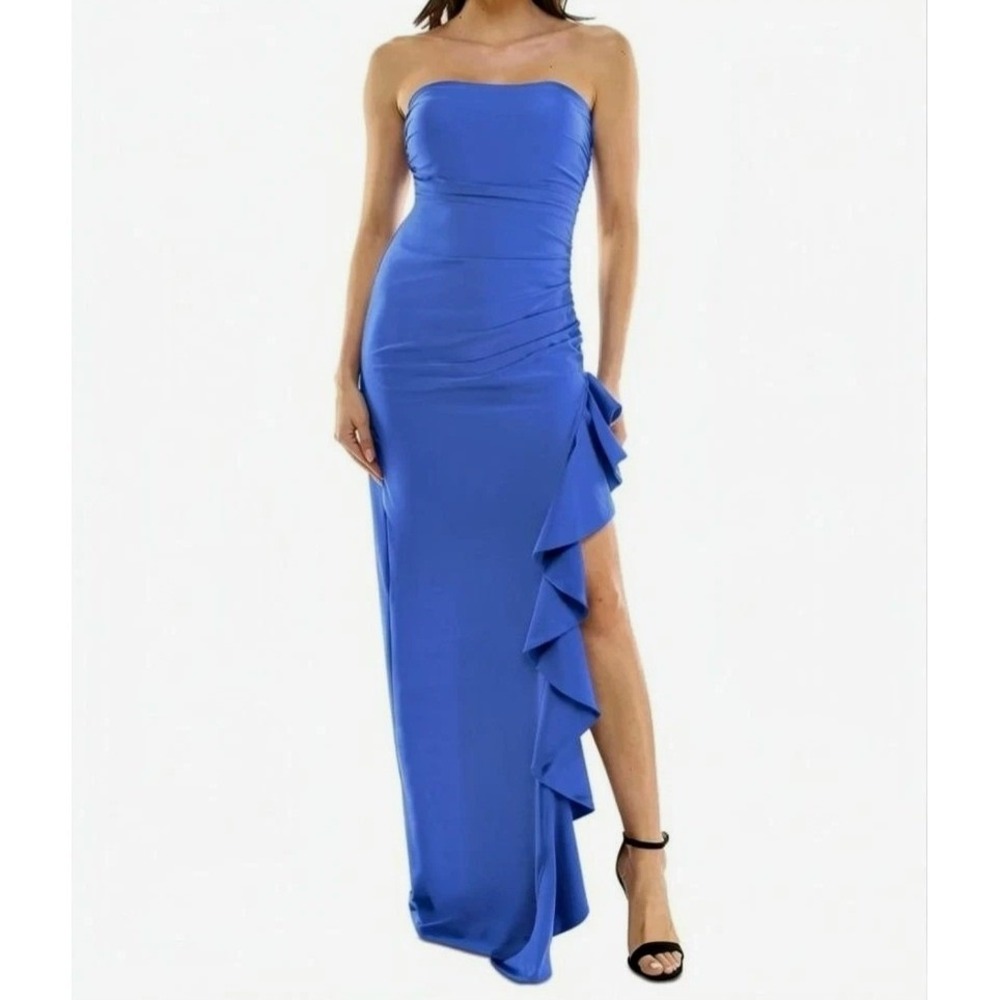 Emerald Sundae Ruffle High Slit Strapless Blue Gown Dress Prom Juniors Size M